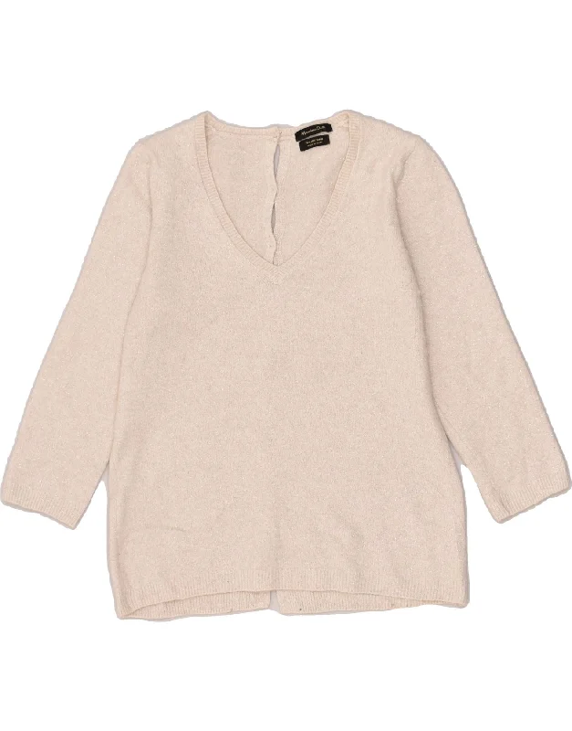 Crazy Deals MASSIMO DUTTI Womens 3/4 Sleeve V-Neck Jumper Sweater UK 8 Small Beige