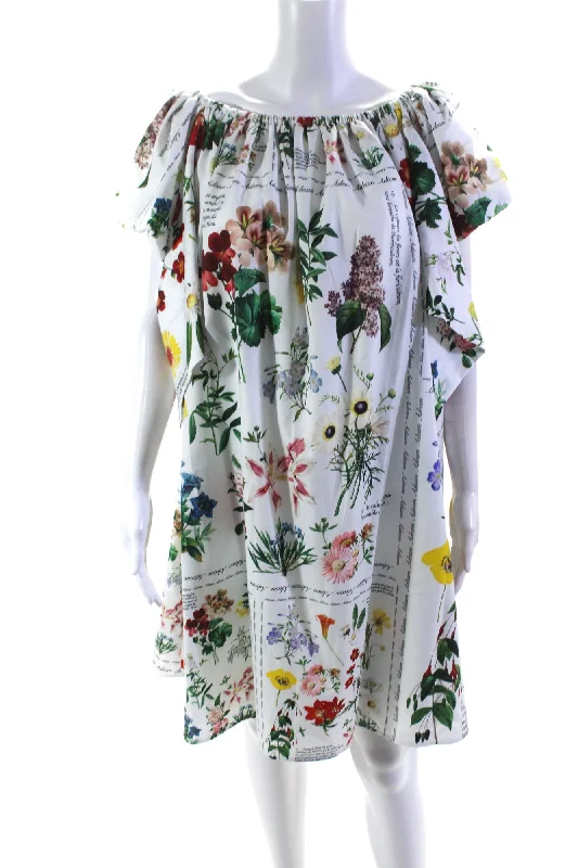 YEAR-End Sale Adeam Womens Wildflower Floral Ruched A-Line Short Sleeve Dress White