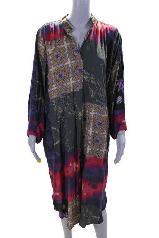 Year-End Clearance Noen Womens Multicolor Mixed Print V-Neck Long Sleeve A-Line Dress