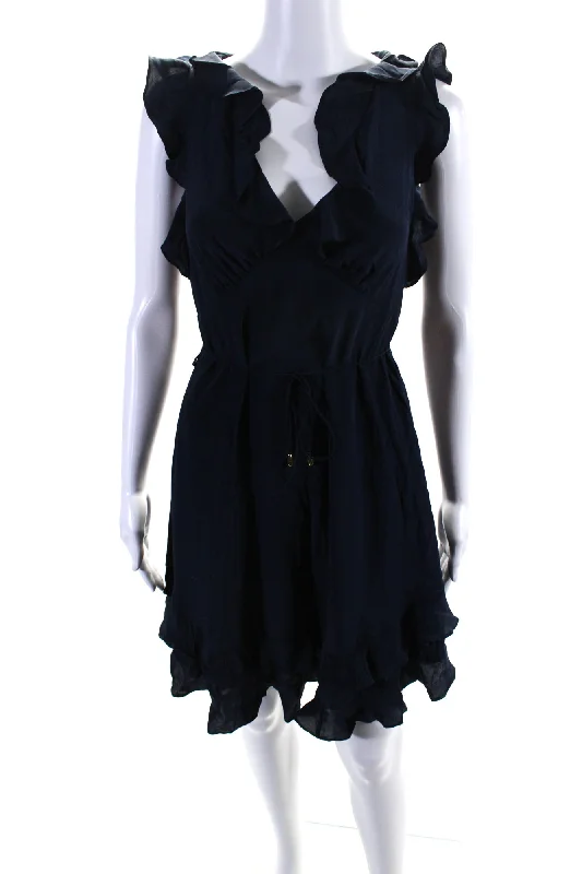 Price Rollback Zimmermann Womens Navy Blue Silk Ruffle V-Neck Sleeveless Shift Dress Price Rollback Zimmermann Womens Navy Blue Silk Ruffle V-Neck Sleeveless Shift Dress
