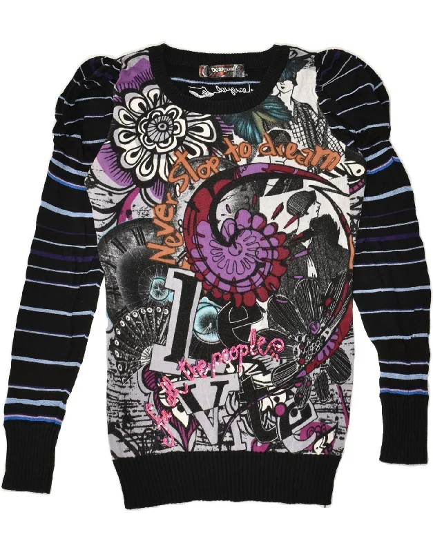 Clearance Event DESIGUAL Womens Graphic Boat Neck Jumper Sweater UK 18 XL Black Striped Clearance Event DESIGUAL Womens Graphic Boat Neck Jumper Sweater UK 18 XL Black Striped