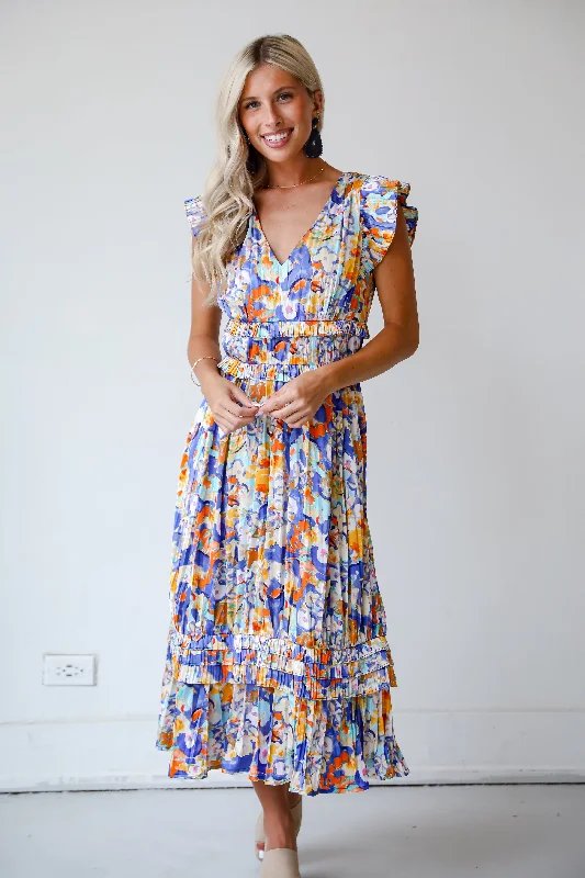 Seasonal Sale FINAL SALE - Ethereal Muse Royal Blue Satin Floral Midi Dress
