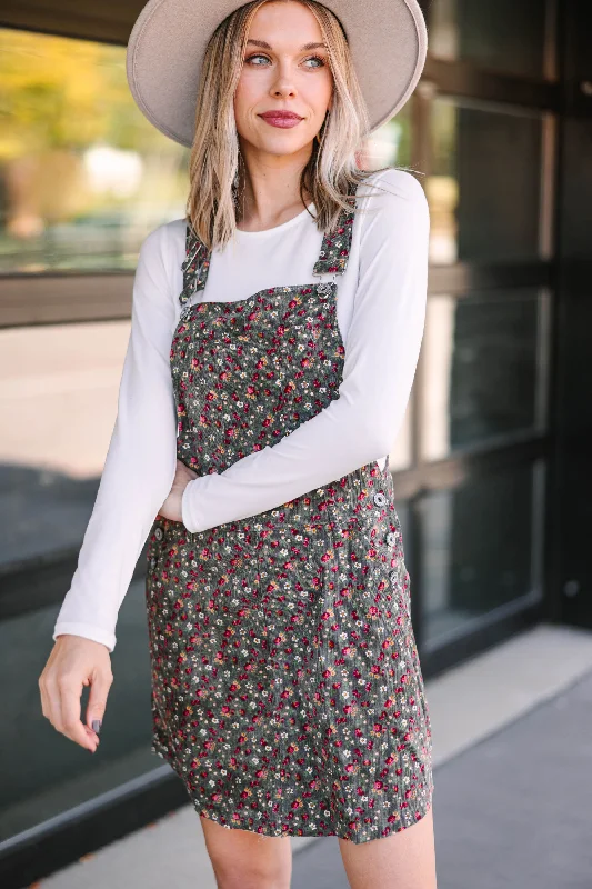 Weekend Flash Sale No Surprise Here Olive Green Ditsy Floral Overall Dress