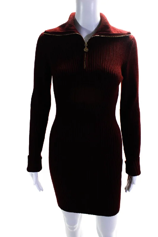 Final Markdown Patou Womens Short Zipped Rib Knit Sweater Dress Ruby Wine