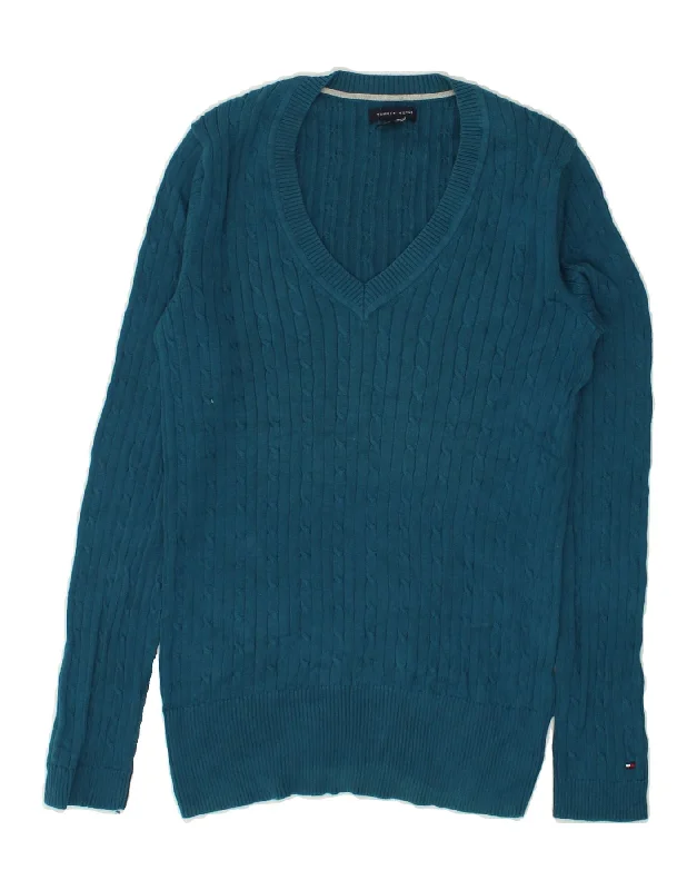 Closeout Sale TOMMY HILFIGER Womens V-Neck Jumper Sweater UK 12 Medium Blue Cotton