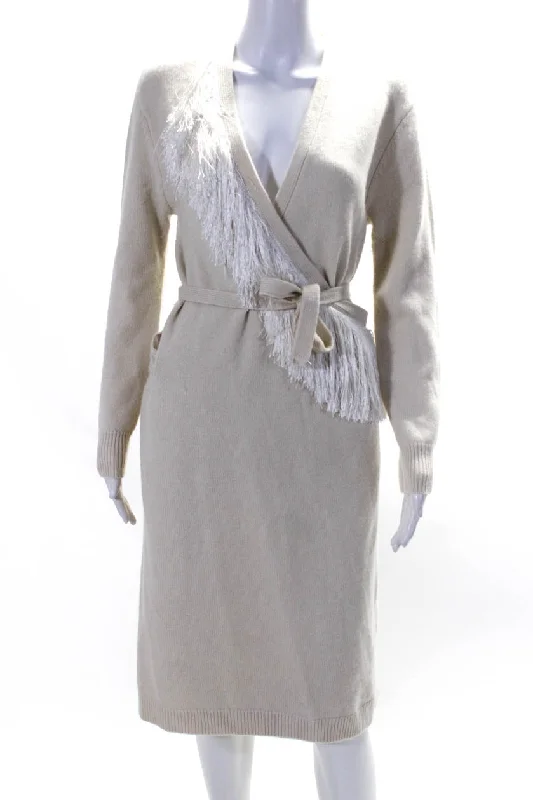 Special Discount Altuzarra Women's Wool Fringe Trim Wrap Sweater Dress Beige