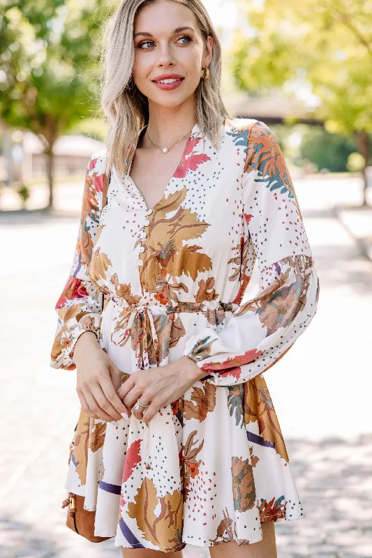 Seasonal Clearance Feeling Fun Natural White Floral Tied-Waist Dress