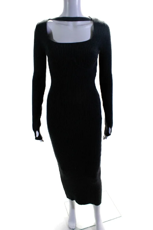 Hurry In Patou Womens Long Corset Ribed Knit Square Neck Sweater Dress Gray