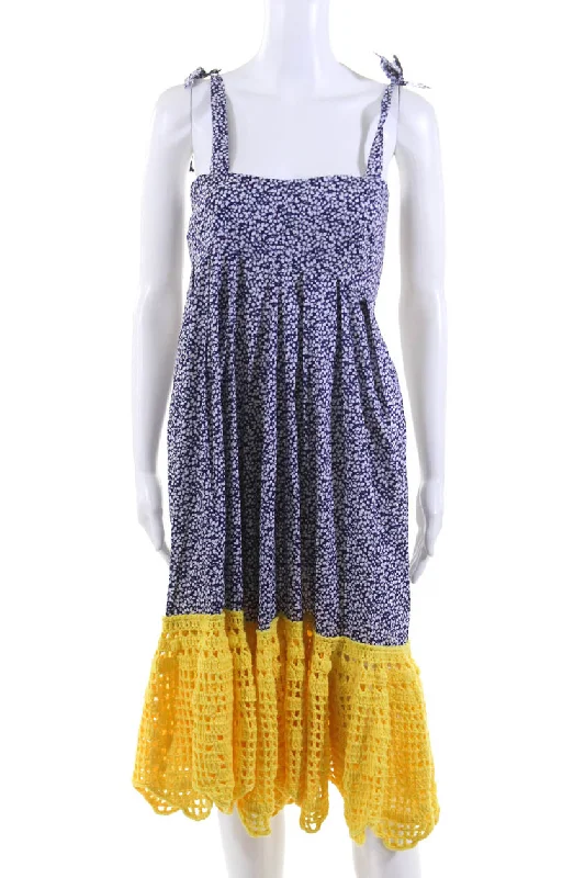 Can't Miss Michaela Buerger Womens Floral Crochet Trim Midi Swing Dress Blue