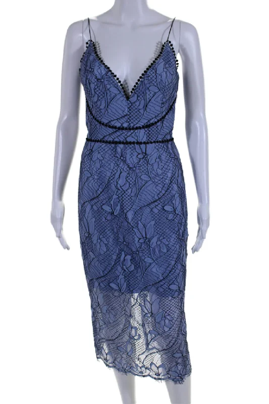 Massive Deals Nicholas Womens Back Zip Spaghetti Strap V Neck Lace Midi Dress Blue