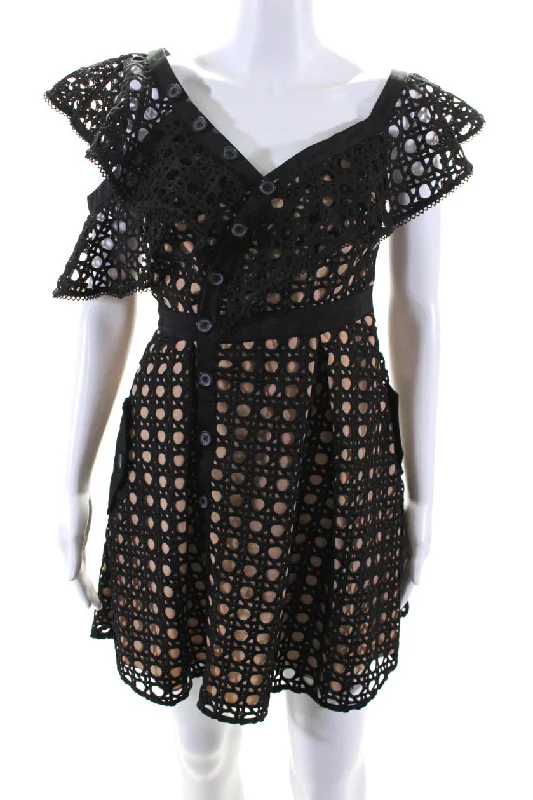 Reduced Prices Self Portrait Womens Asymmetrical Button Lace V Neck Sheath Dress Black