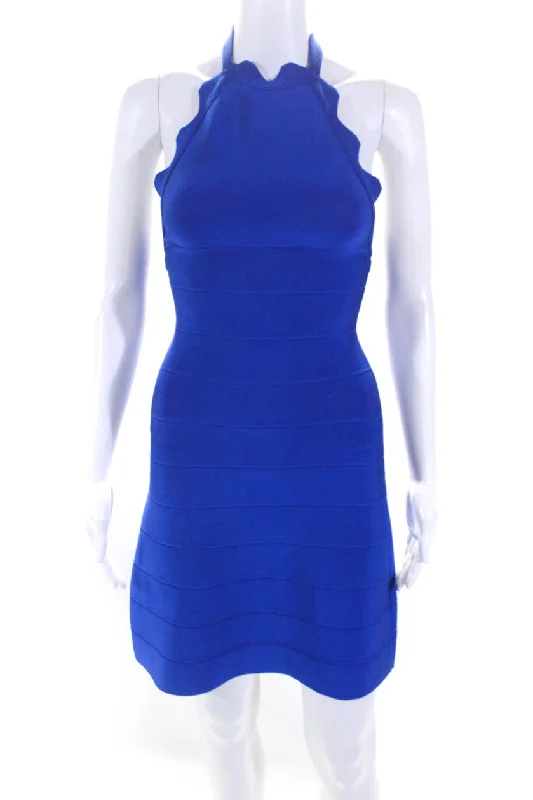Reduced Prices Herve Leger Womens Open Back Scalloped Halter Mini Stretch Dress Blue Reduced Prices Herve Leger Womens Open Back Scalloped Halter Mini Stretch Dress Blue
