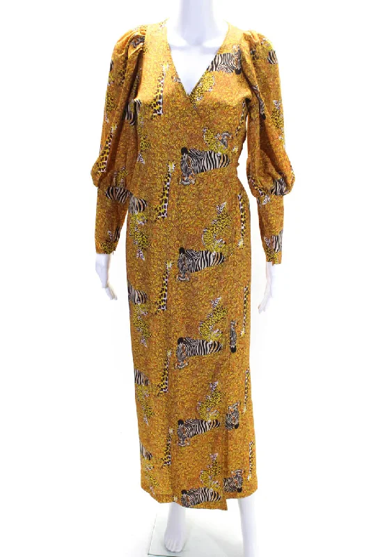 Today’s Deal Rhode Womens Yellow Animal Print V-Neck Long Sleeve Wrap Dress