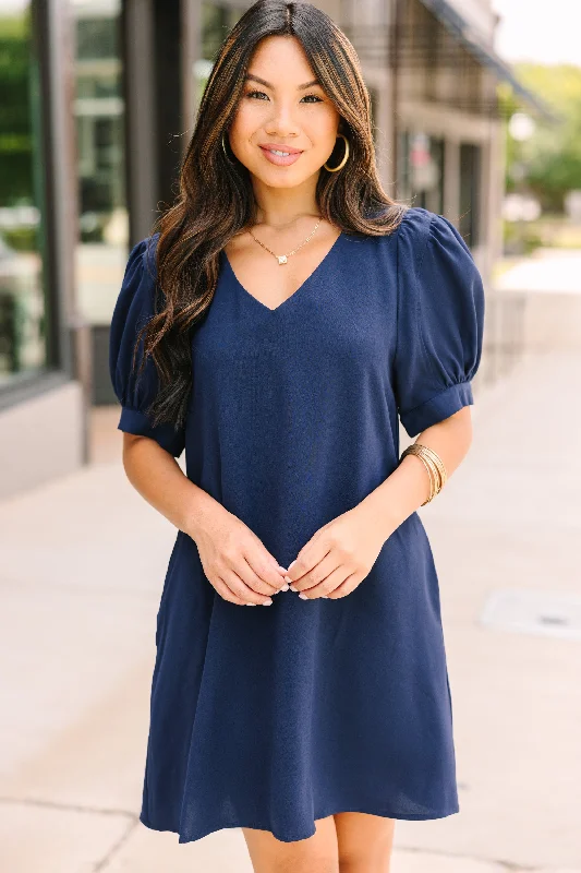 Stock Clearance At First Sight Navy Blue Puff Sleeve Dress