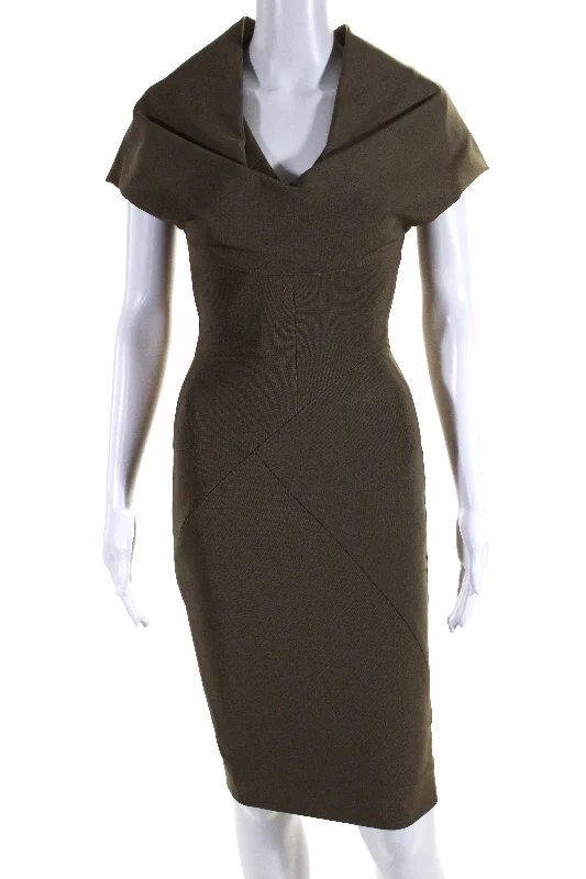 Early Access Victoria Beckham Womens Darted Draped Collared Zipped Pencil Dress Brown Early Access Victoria Beckham Womens Darted Draped Collared Zipped Pencil Dress Brown