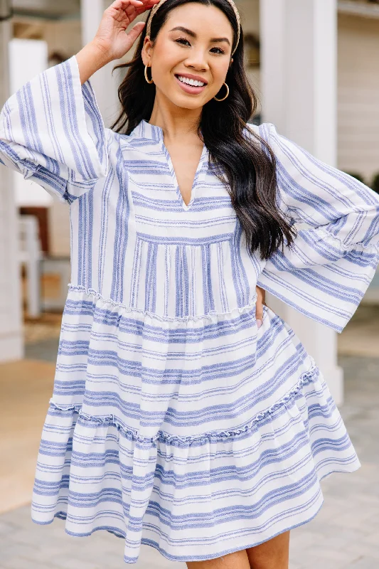 Massive Deals All The Above Blue Striped Tiered Dress