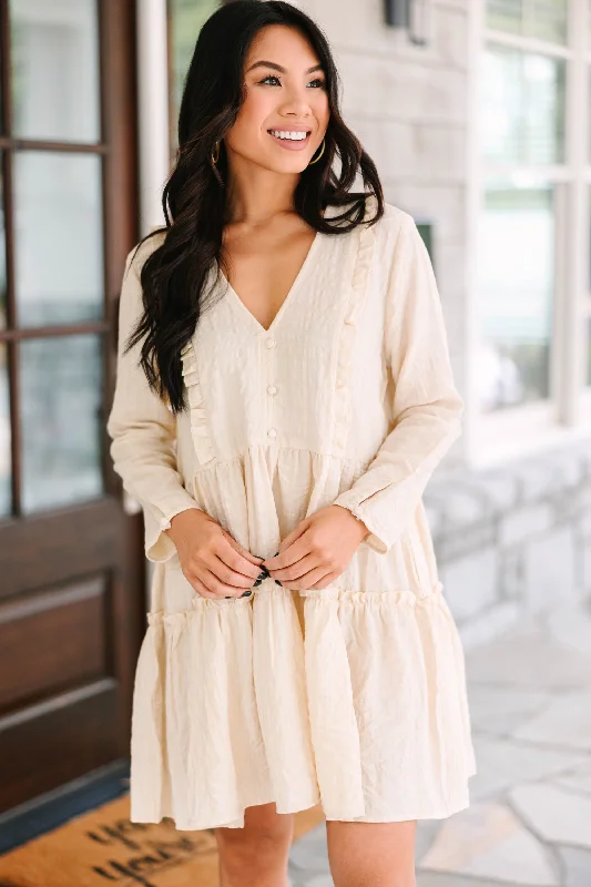Unbeatable Prices It All Starts Here Beige White Ruffled Babydoll Dress
