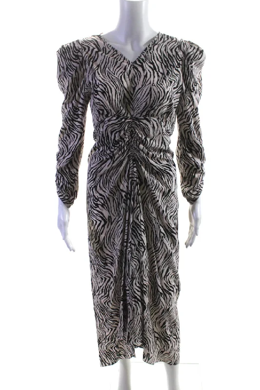 Can't Be Beat Isabel Marant Womens Albi Zebra Print Ruched Midi Dress Black White