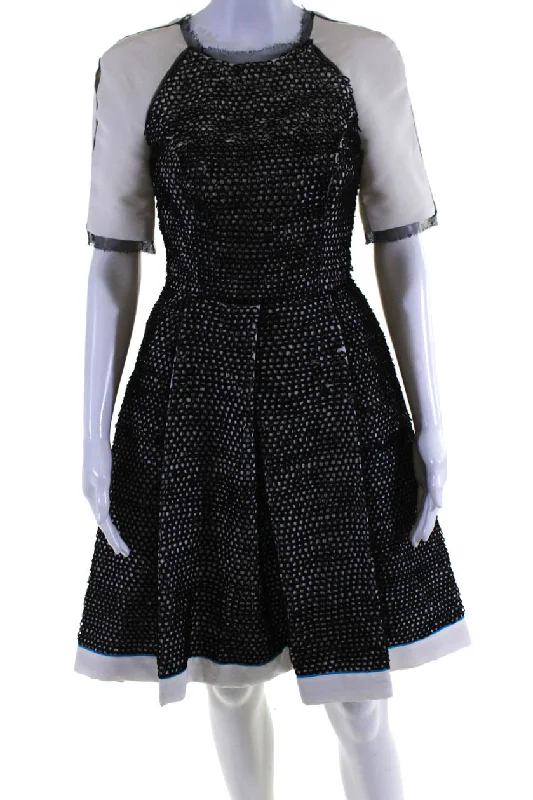 Deal Dash Jason Wu Womens Silk Textured Short Sleeve Fit & Flare Dress White Black