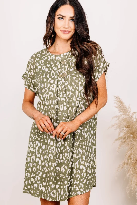 New Deals Looking Forward Olive Green Leopard Shift Dress