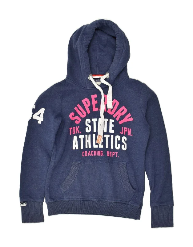 Closeout Sale SUPERDRY Womens Graphic Hoodie Jumper UK 6 XS Navy Blue Cotton