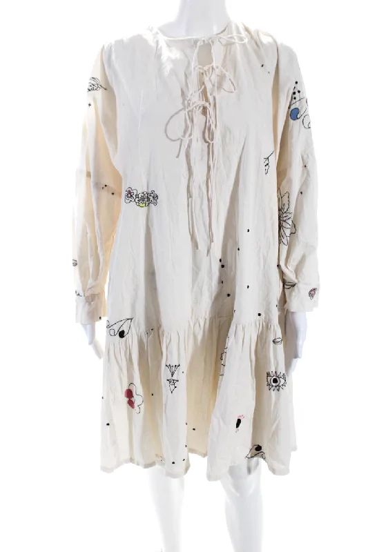 The Best Prices Mr. Larkin Womens Cream Cotton Embroidered Long Sleeve A-Line Dress