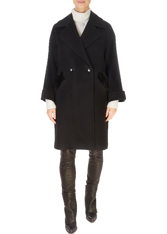 Now or Never Black Wool Double Breasted Coat With Mink Trim