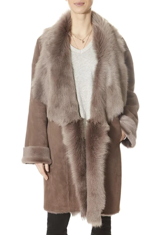 Fantastic Offers Loose New Taupe Shawl Collar Sheepskin Coat