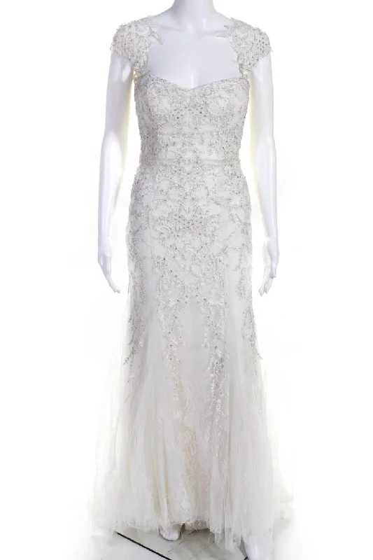 Take Advantage Monique Lhuillier Womens Radiance Lace Crystal Wedding Dress Ivory
