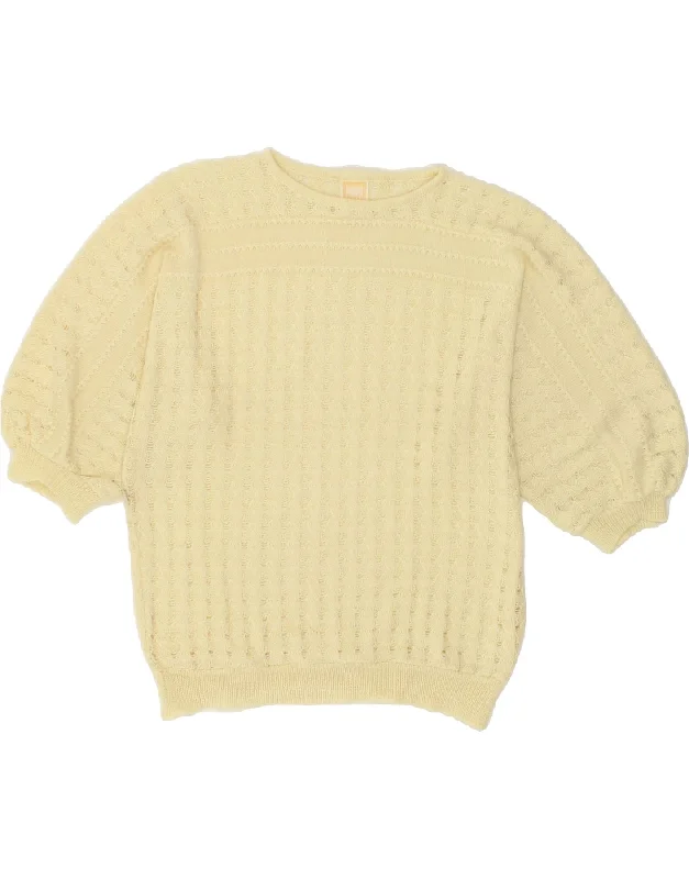 Huge Savings VINTAGE Womens 3/4 Sleeve Crew Neck Jumper Sweater UK 16 Large Yellow