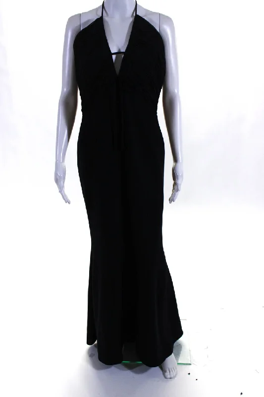 Price Break Wayne Clark Womens Ruched Chiffon Halter Sleeveless Gown Navy Blue