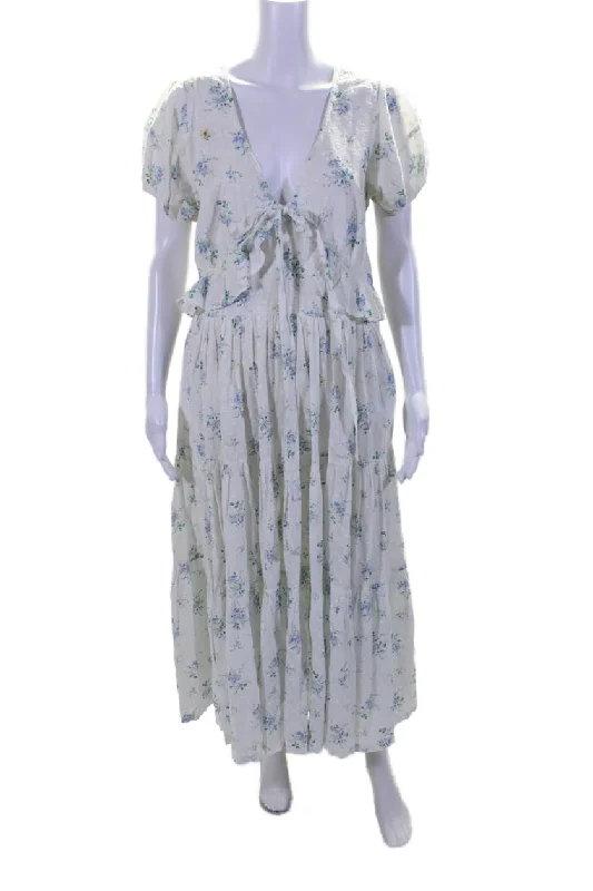 Daily Deals Love Shack Fancy Womens Cotton White Floral V-neck Short Sleeve Maxi Dress
