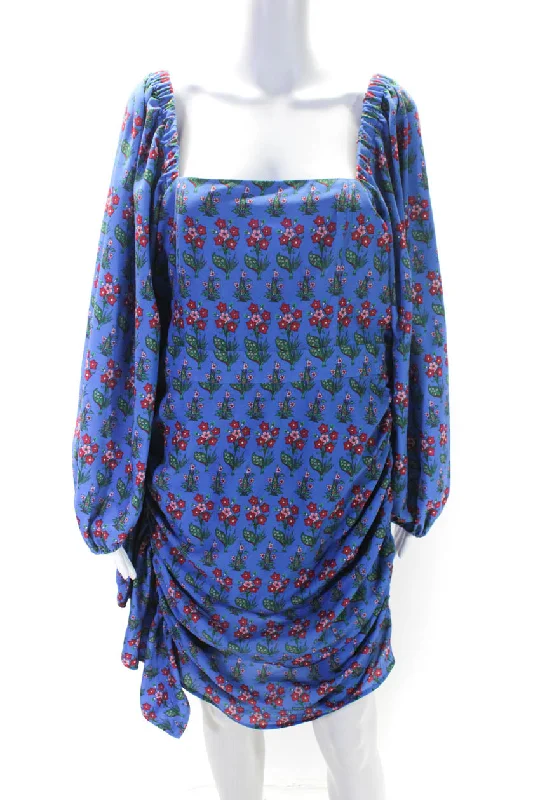 Closeout Rhode Womens Back Zip Long Sleeve Square Neck Floral Dress Blue