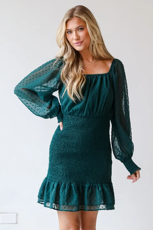Unbeatable Prices FINAL SALE - Dance The Night Away Hunter Green Smocked Swiss Dot Mini Dress Unbeatable Prices FINAL SALE - Dance The Night Away Hunter Green Smocked Swiss Dot Mini Dress