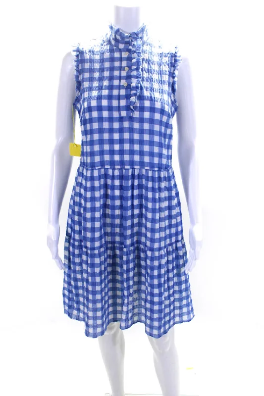 Special Buy 0039 Italy Womens Blue Gingham Ruffle Crew Neck Sleeveless Pompea Dress