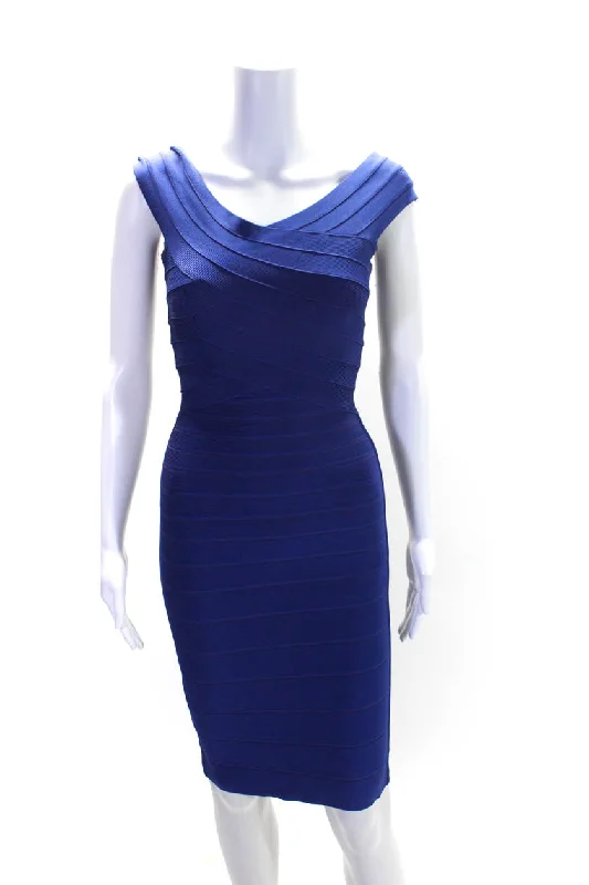 Price Slash Herve Leger Womens Dark Blue Off Shoulder Short Sleeve Bodycon Dress