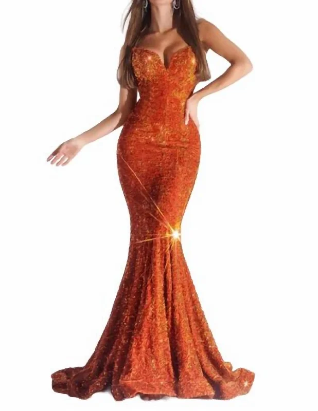 Super Bargain Strapless Sequin Mermaid Dress. In Burnt Orange