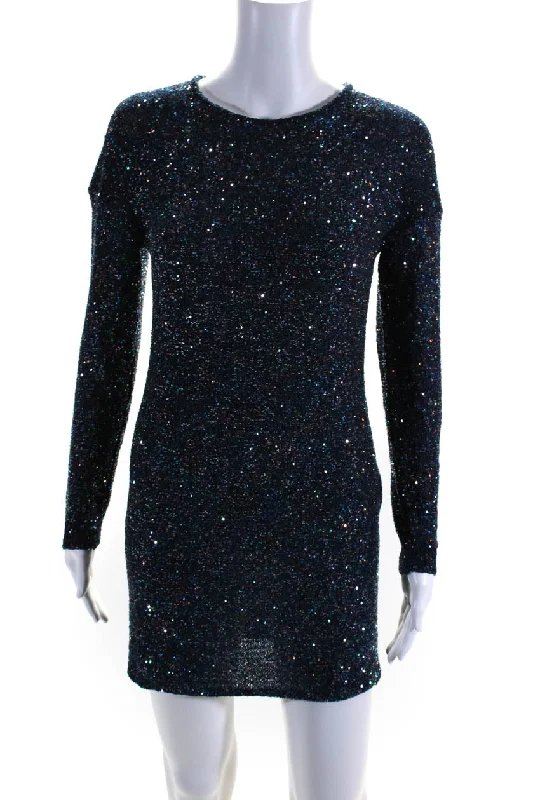 Special Offer Saint Laurent Womens Blue Sequins Crew Neck Long Sleeve Mini Dress