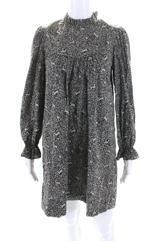 Discount Days Doen Womens Abstract Print Back Zip Long Sleeve Dress Black White