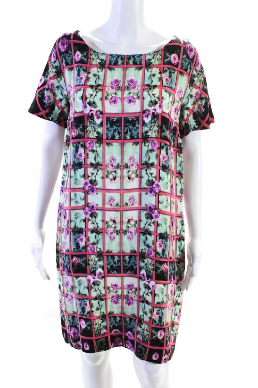 Year-End Sale Mary Katrantzou Womens Floral Window Short Sleeve Shift Dress Black Green Pink 6