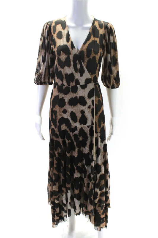 Daily Specials Ganni Womens Animal Print V Neck Front Tie Long Dress Brown