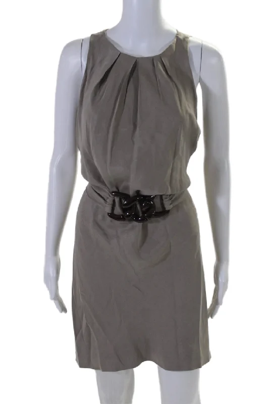 Discount Deals Max Mara Womens Taupe Pleated Embellished Belt Sleeveless Shift Dress Discount Deals Max Mara Womens Taupe Pleated Embellished Belt Sleeveless Shift Dress