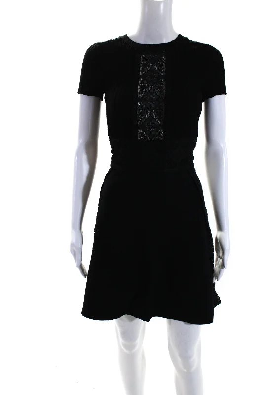 Instant Savings Valentino Womens Black Navy Eyelet Trim Short Sleeve A-Line Dress
