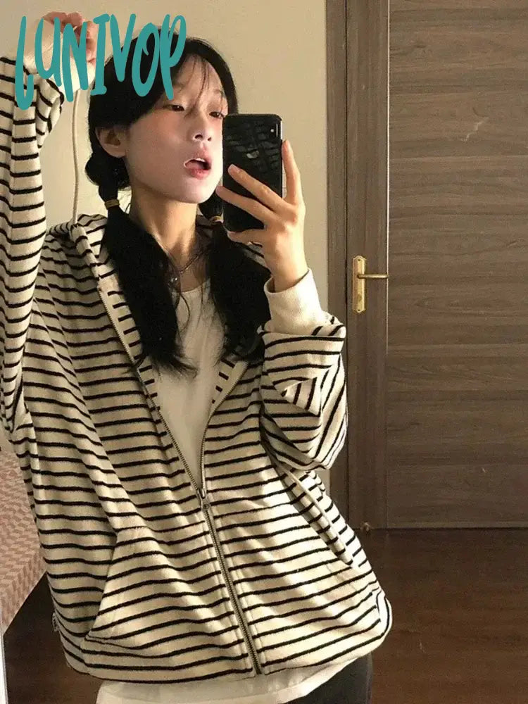 Super Bargain Lunivop Vintage Striped Oversized Hoodies Women Harajuku Kpop Zip Up Sweatshirts Korean Casual All-match Cardigan Grunge Gothic