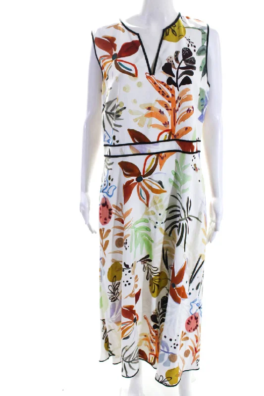 Mega Sale Lafayette 148 Womens Watercolor Floral Y Neck A Line Dress Multicolor