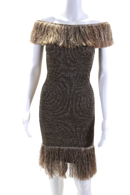 Price Smash Christopher Kane Womens Glittery Gold Fringe Off Shoulder Mini Dress