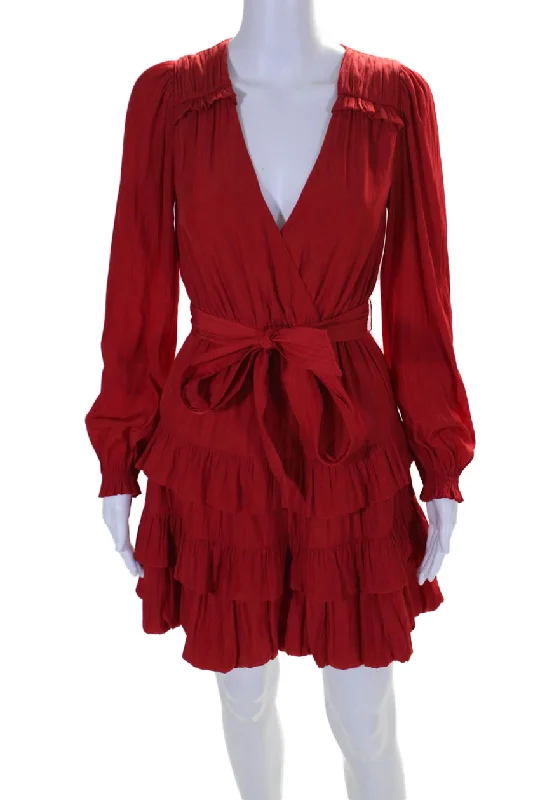 Final Markdown Marie Oliver Womens Wynona V Neck Long Sleeve Tiered Ruffle Dress Red