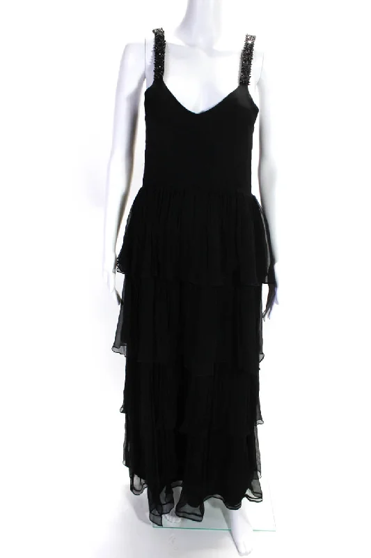 Online Specials Azeeza Womens Beaded Pleated V-Neck Sleeveless Zip Up Maxi Dress Black Online Specials Azeeza Womens Beaded Pleated V-Neck Sleeveless Zip Up Maxi Dress Black