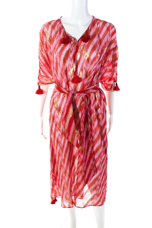 Mega Sale Figue Womens Silk Striped V Neck Kaftan Dress Red Pink
