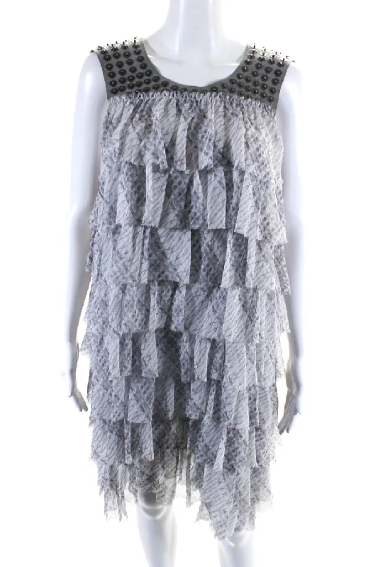 Closeout Sale Thomas Wylde Womens Printed Tiered Chiffon Studded Suede Dress Gray